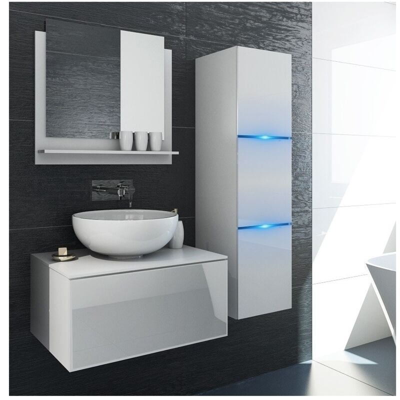 Meublorama - Ensemble meubles de salle de bain blanc collection owl. Colonne, meuble sous vasque, miroir, siphon et leds