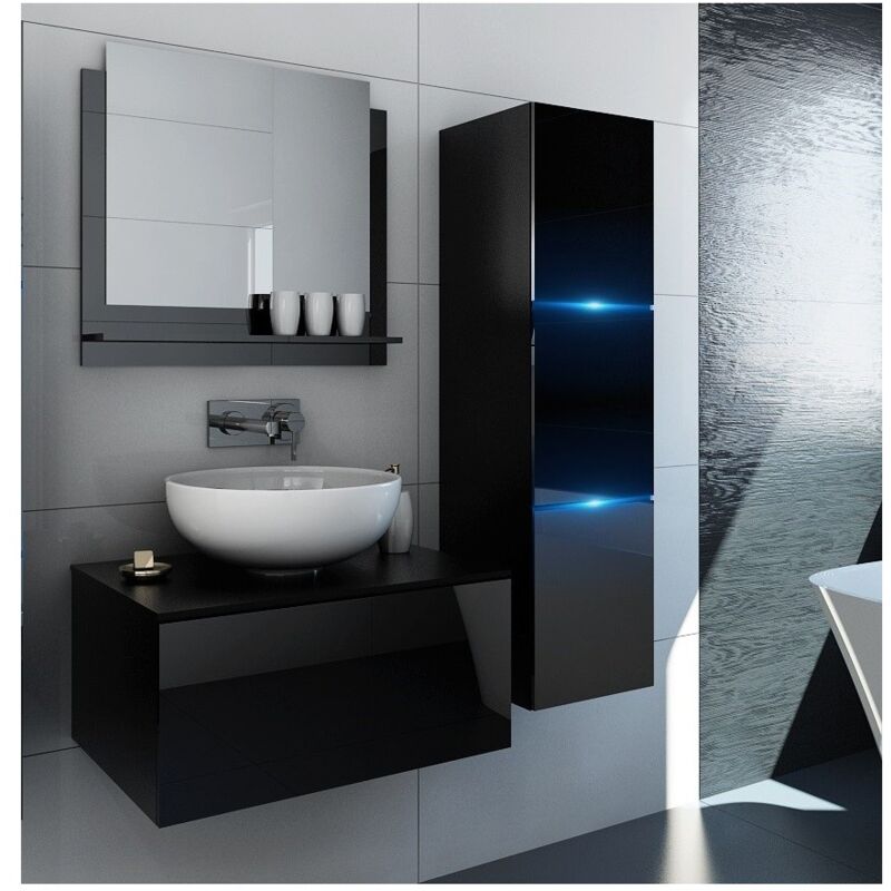 Meublorama - Ensemble meubles de salle de bain noir collection owl. Colonne, meuble sous vasque, miroir, siphon et leds.