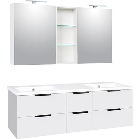 Ensemble meubles de salle de bain LOSSA avec Armoire à glace LED blanc brillant et meuble sous-vasque largeur 1550 mm