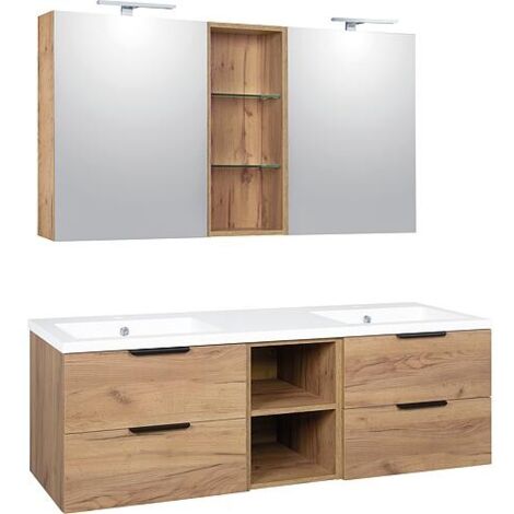 Ensemble meubles de salle de bain LOSSA avec Armoire à glace LED Chêne noueux et meubles sous-vasque Cortina 4 tiroirs + 2
