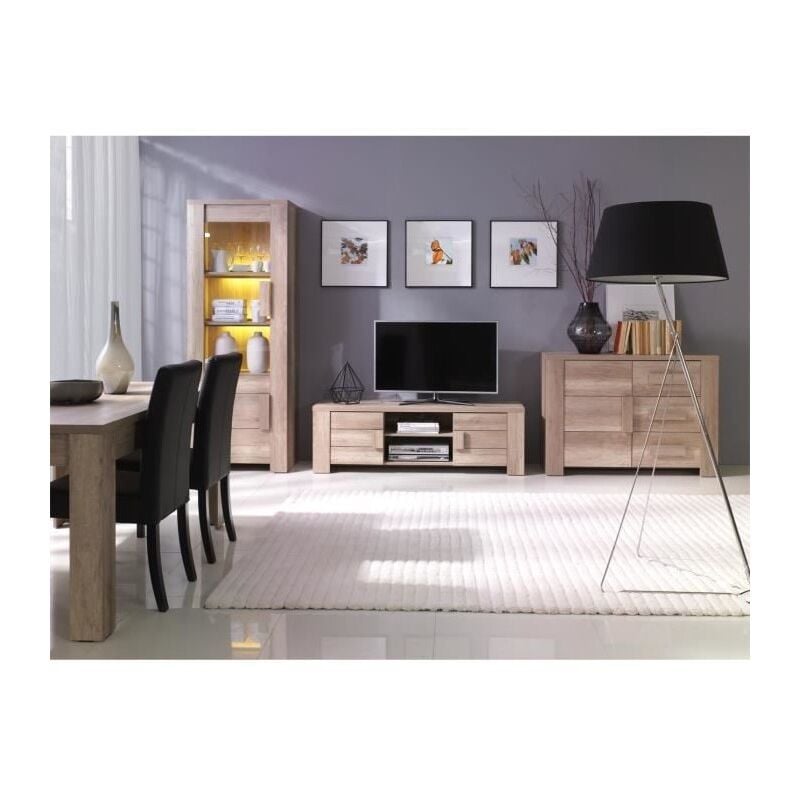 Ensemble meubles de salon complet FARRA. Vitrine petit modèle + led, meuble tv, buffet bas et table basse. - Marron