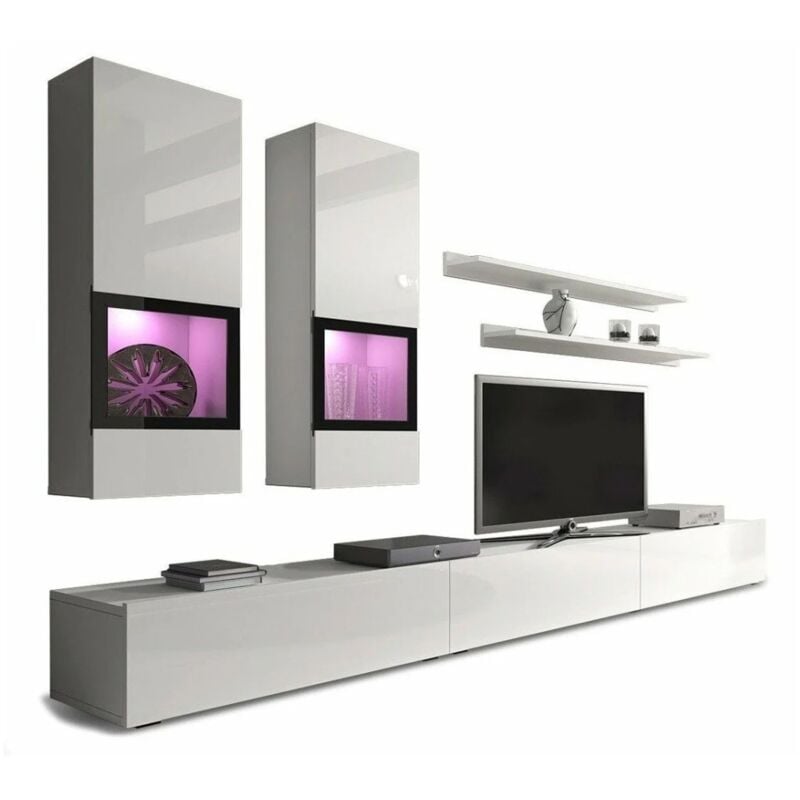 Meublorama - Ensemble meubles de salon design collection ramos. Coloris blanc brillant. led intégrées.