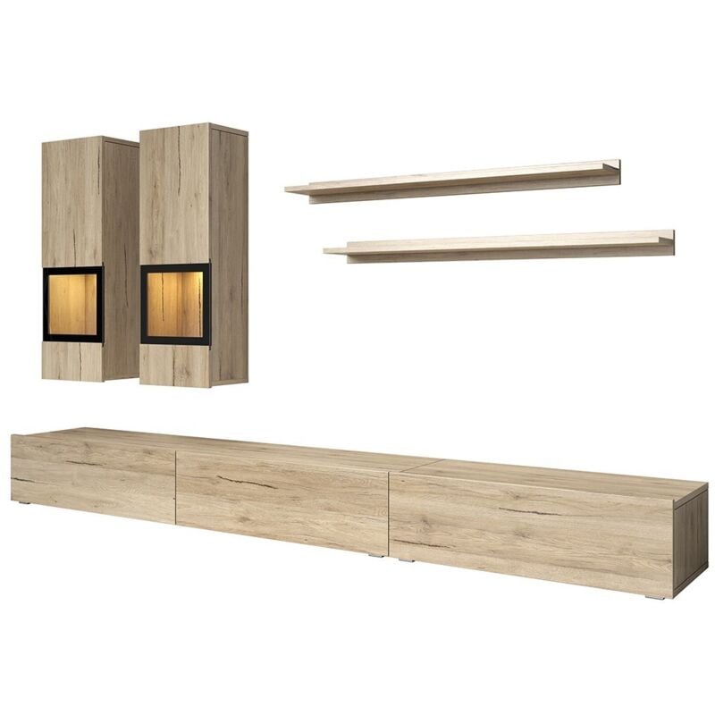 Meublorama - Ensemble meubles de salon design collection ramos. Coloris chêne et noir. led intégrées.