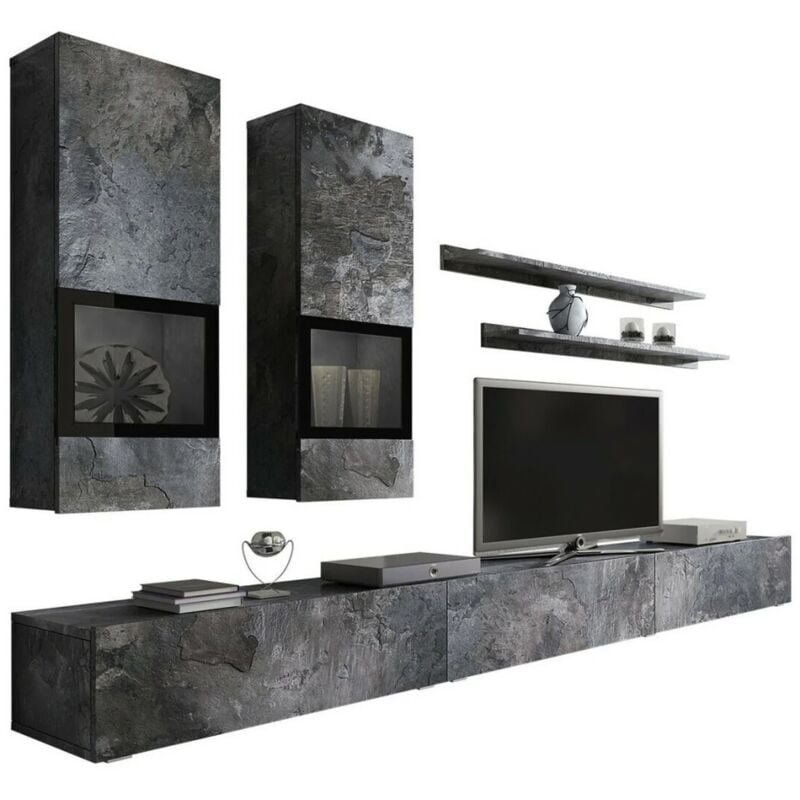 Ensemble meubles de salon design collection ramos. Coloris gris effet ardoise. led intégrées.