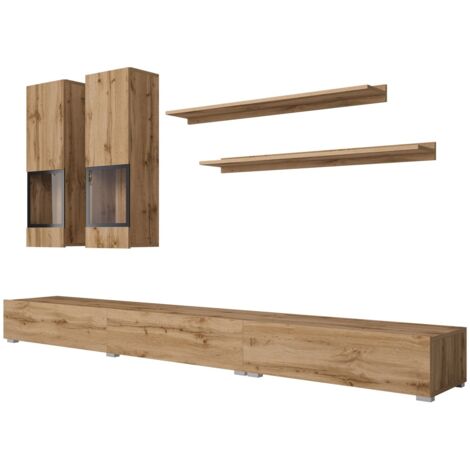 Ensemble meubles de salon RAMOS – Chêne doré et noir – Design contemporain sans LED