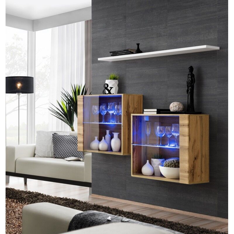 Ensemble meubles de salon switch sbiii design, coloris chene wotan et porte vitree avec <strong>systeme</strong> led integre, etagere blanche. - marron