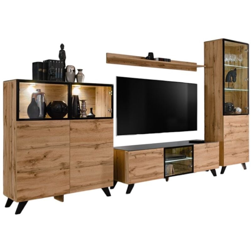 Meublorama - ensemble meubles de salon tino composé de quatre meubles et d'une étagère de style industriel.