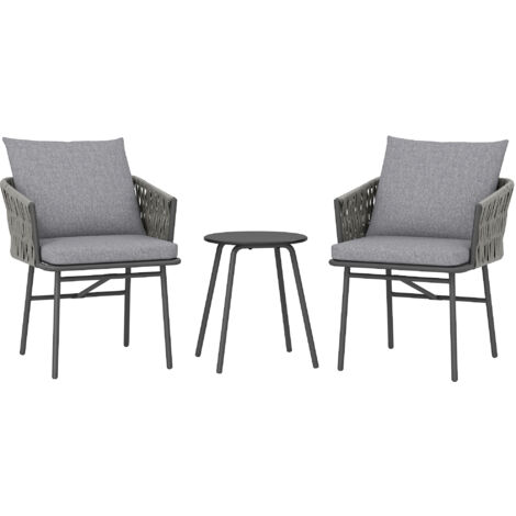 Ensemble meubles extérieur 3 pièces 2 chaises 1 table service bistro rotin art cadre acier table métal 4 coussins gris