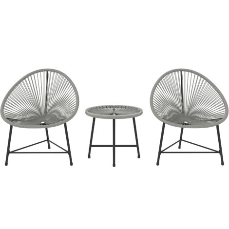 Ensemble meubles jardin 3 pièces 2 chaises rotin plastique 1 table plateau verre cadre acier sièges extérieurs gris