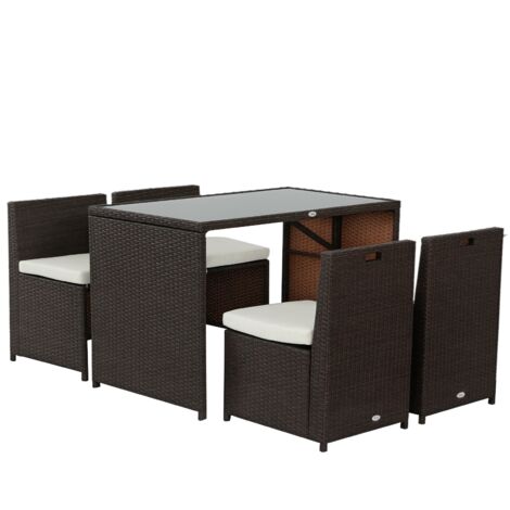 Ensemble meubles jardin polyrattan 5 pièces mobilier balcon imperméable 4 personnes patio table 4 chaises coussins salon à manger marron kaki