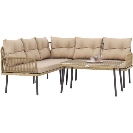 Ensemble meubles jardin rotin 4 pièces salon extérieur 2 canapés 2 places fauteuil angle table basse verre coussins lavables cadre acier naturel beige