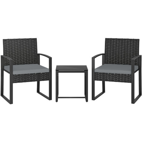 Ensemble meubles jardin rotin synthétique 2 chaises coussins amovibles table plateau verre, gris
