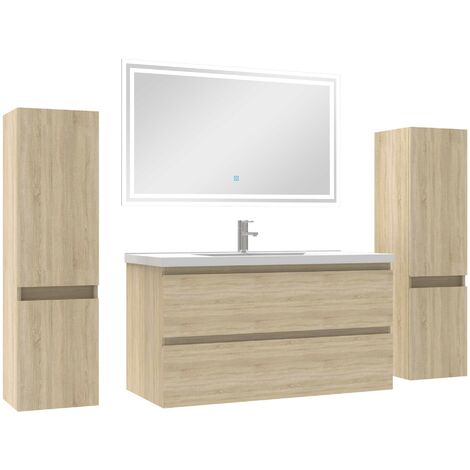 Ensemble meubles Salle de Bain 100cm avec colonnex2 + miroir lumineux Chêne Wotan