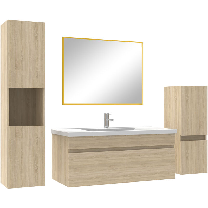 Ensemble meubles Salle de Bain 100cm avec colonne + miroir mural Chêne Wotan