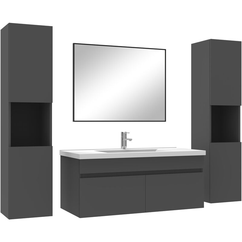Ensemble meubles Salle de Bain 100cm simple vasque avec colonne + miroir mural Anthracite