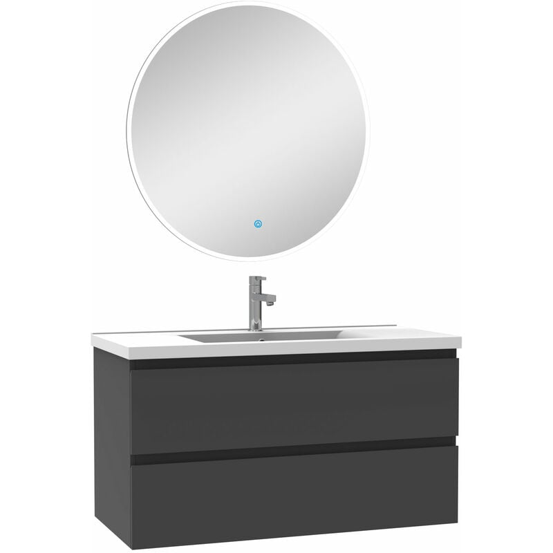 Ensemble meubles Salle de Bain Anthracite 100cm simple vasque + miroir lumineux rond