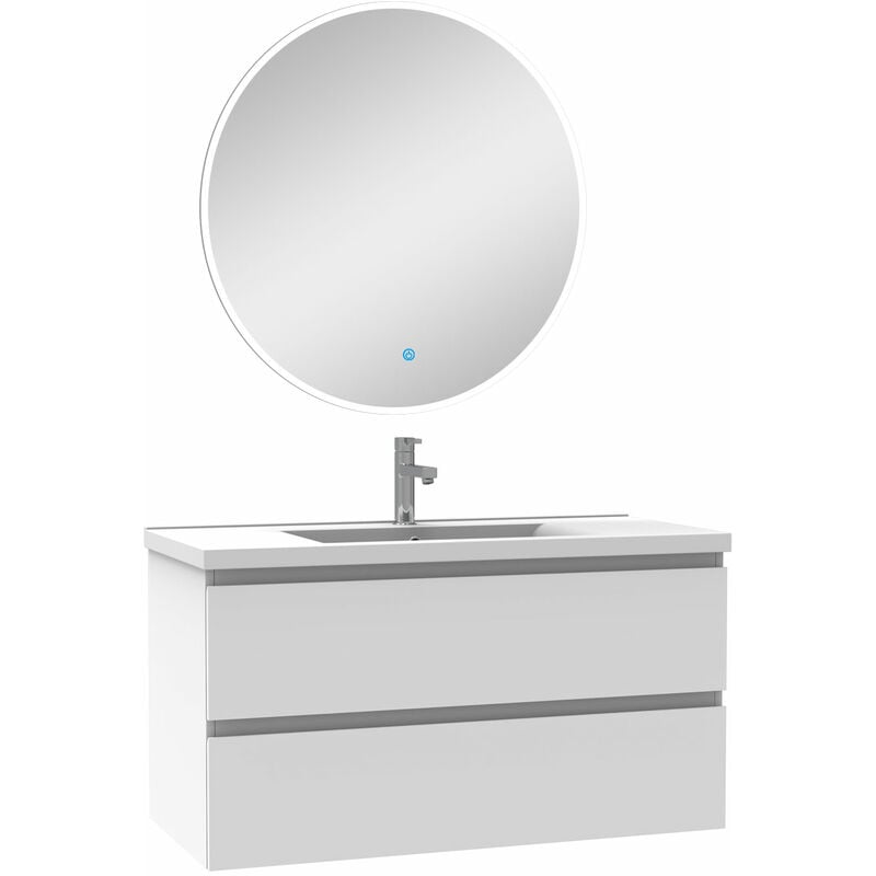 Ensemble meubles Salle de Bain Blanc 100cm simple vasque + miroir lumineux rond