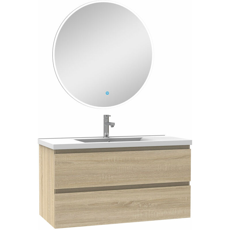 Ensemble meubles Salle de Bain Chêne Wotan 100cm simple vasque + miroir lumineux rond