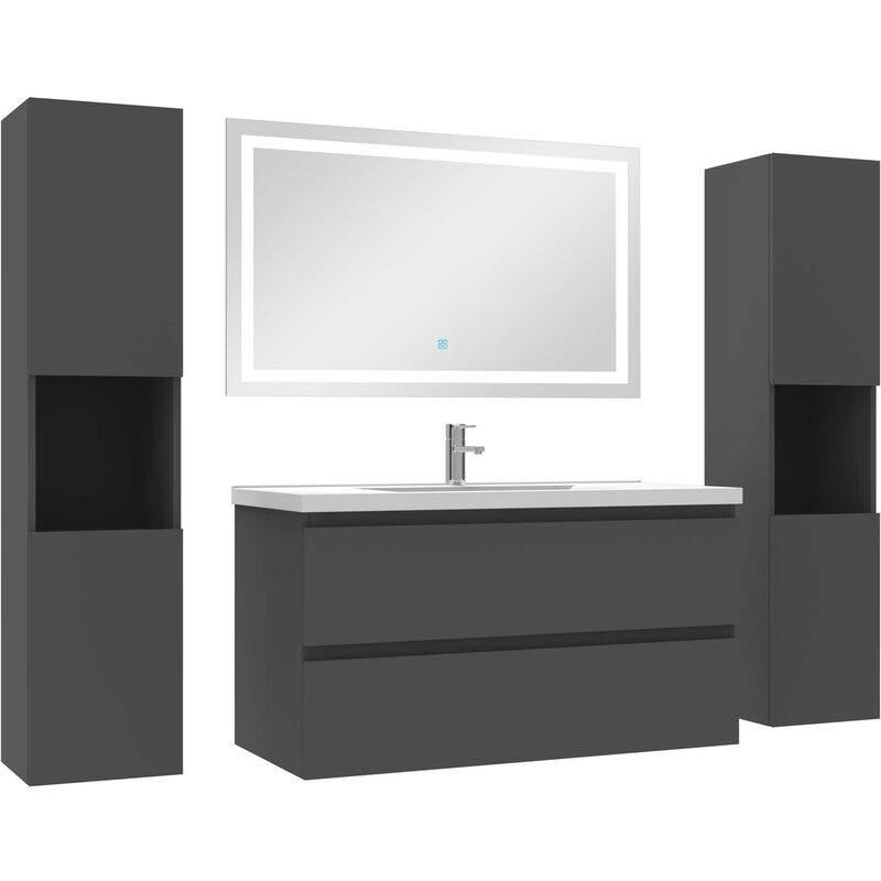 Ensemble meubles Salle de Bain 100cm vasque + colonne + miroir lumineux Anthracite