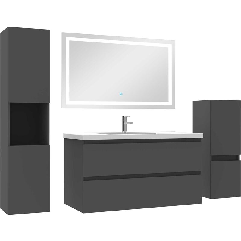 Acezanble - Ensemble meubles Salle de Bain 100cm simple vasque + colonne + miroir led Anthracite