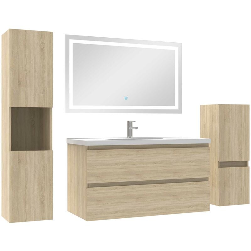 Acezanble - Ensemble meubles Salle de Bain 100cm simple vasque + colonne + miroir led Chêne Wotan