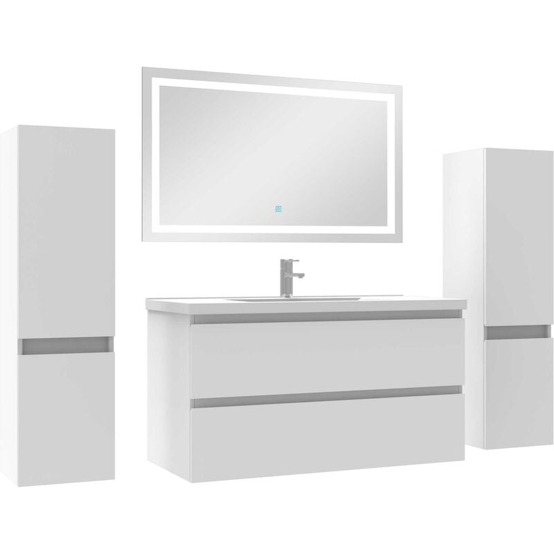 Ensemble meubles Salle de Bain 100cm simple vasque + colonne + miroir lumineux Blanc