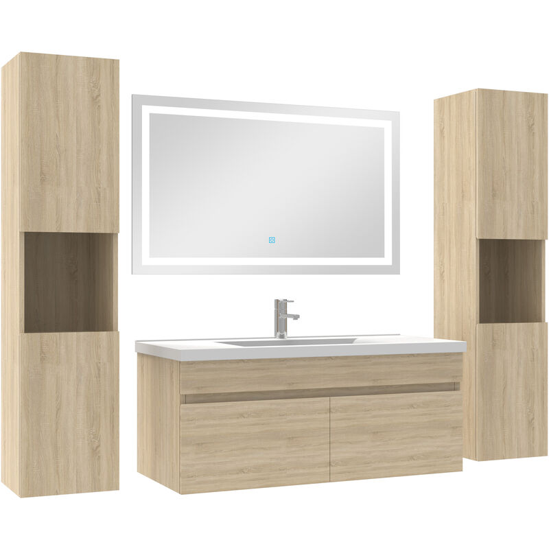 Acezanble - Ensemble meubles Salle de Bain 100cm vasque + colonnex2 + miroir lumineux Chêne Wotan