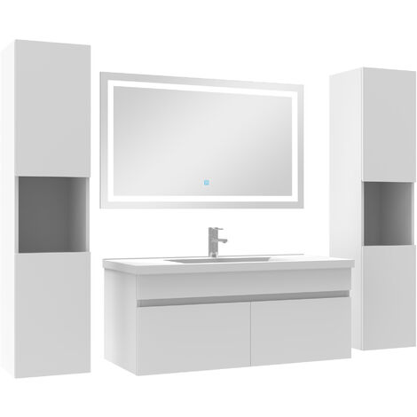 Ensemble meubles Salle de Bain 100cm vasque + colonnex2 + miroir lumineux Blanc
