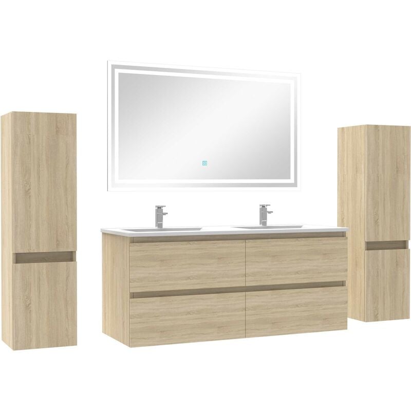 Ensemble meubles Salle de Bain 120cm avec colonnex2 + miroir lumineux Chêne Wotan