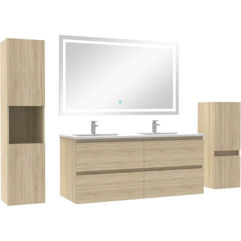 Ensemble meubles Salle de Bain 120cm double vasque + colonne + miroir led Chêne Wotan