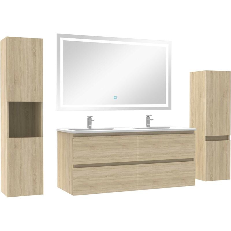 Ensemble meubles Salle de Bain 120cm vasque + colonne + miroir led Chêne Wotan