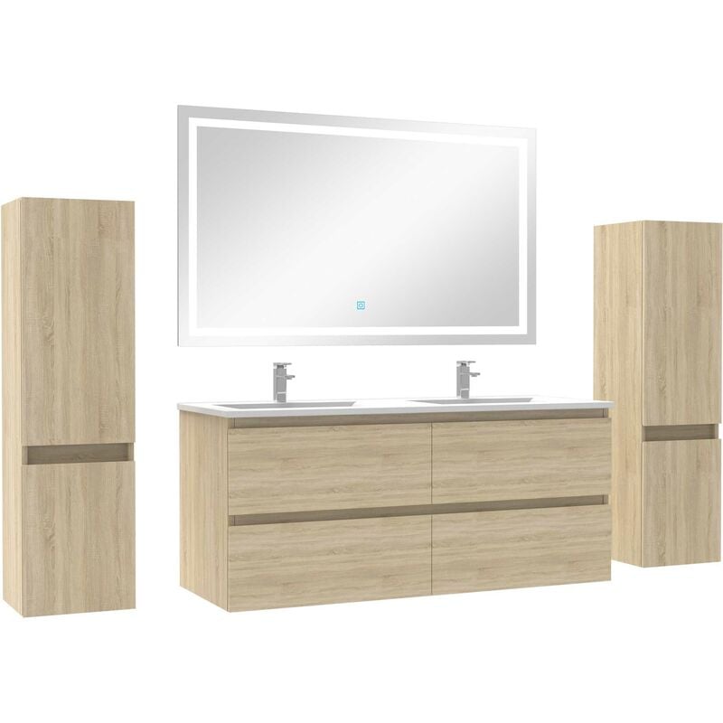 Ensemble meubles Salle de Bain 120cm double vasque + colonne + miroir lumineux Chêne Wotan