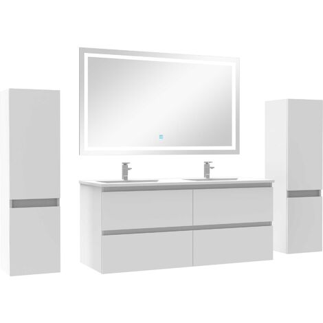 Ensemble meubles Salle de Bain 120cm double vasque + colonne + miroir lumineux Blanc