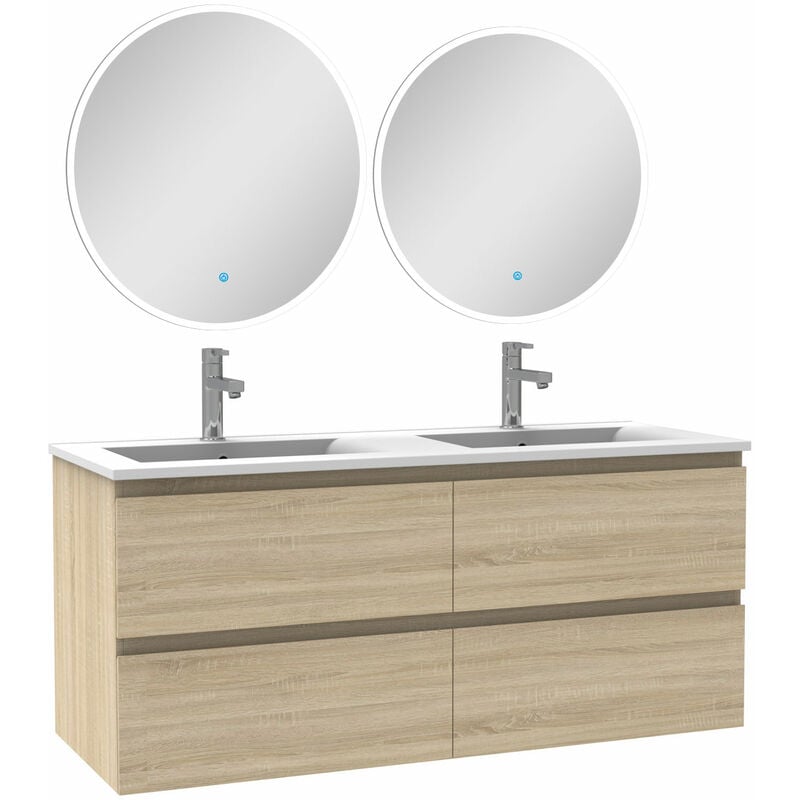 Acezanble - Ensemble meubles Salle de Bain Chêne Wotan 120cm double vasque + miroir lumineux rond