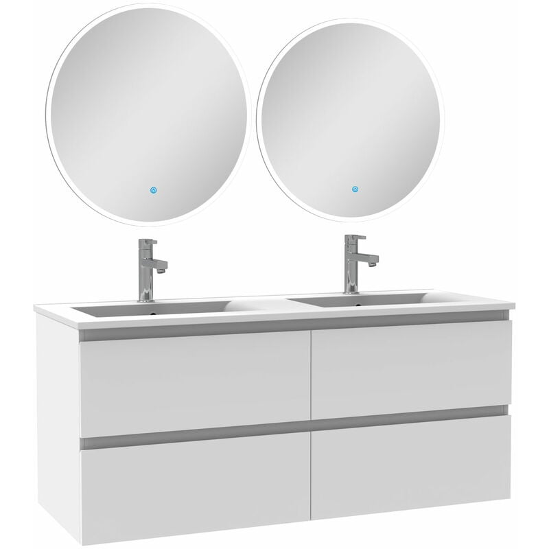 Ensemble meubles Salle de Bain Blanc 120cm double vasque + miroir lumineux rond