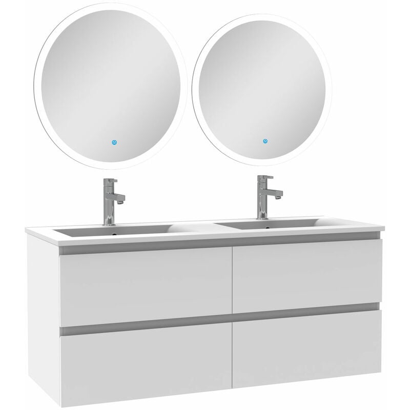 Ensemble meubles Salle de Bain 120cm double vasque + miroir lumineux rond Blanc