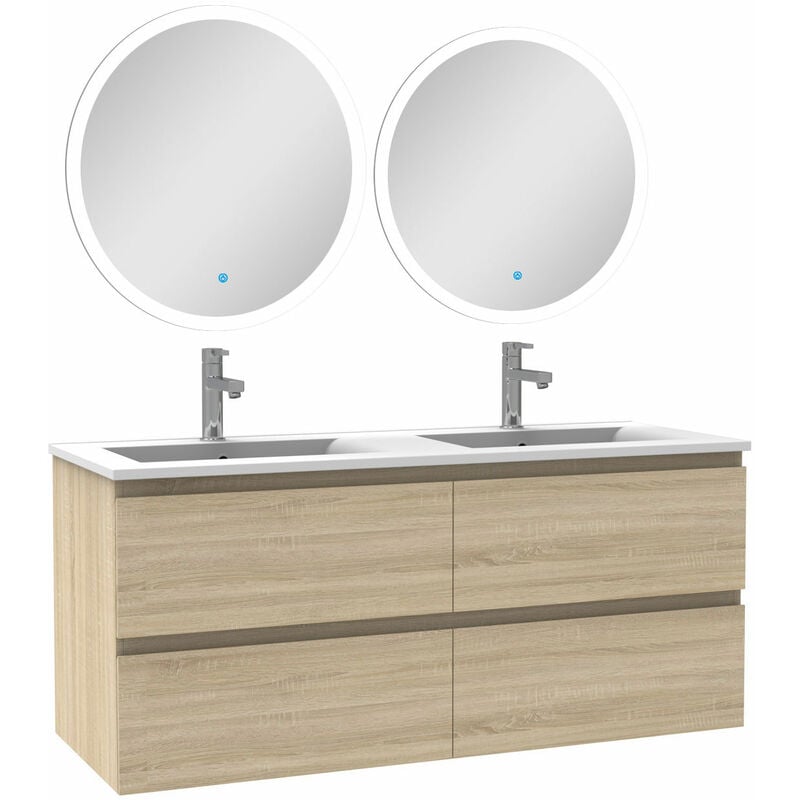 Ensemble meubles Salle de Bain 120cm double vasque + miroir lumineux rond Chêne Wotan