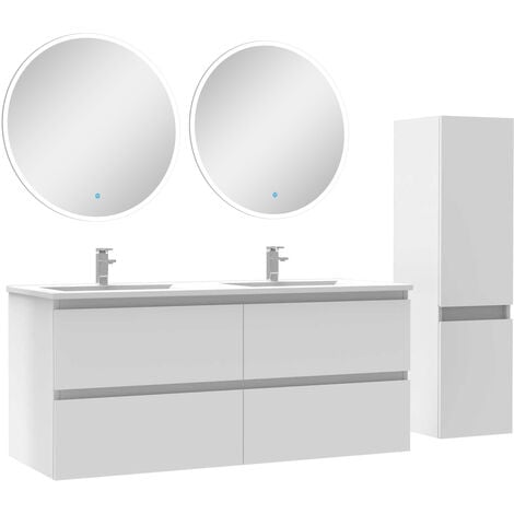 Ensemble meubles Salle de Bain 120cm vasque + colonne + miroir rond lumineux Blanc