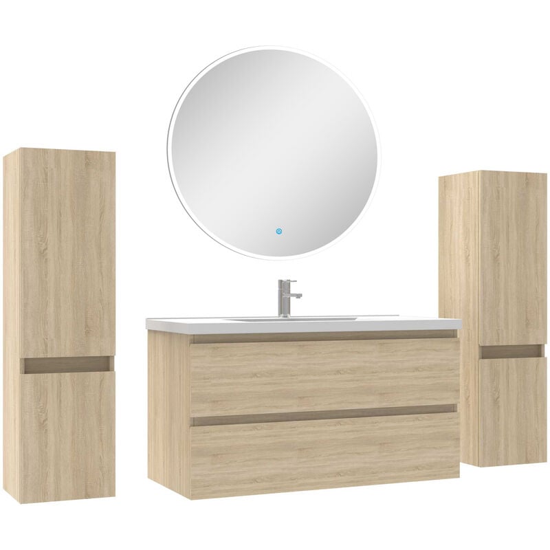 Ensemble meubles Salle de Bain avec colonne + miroir rond mural 100cm meuble Chêne Wotan