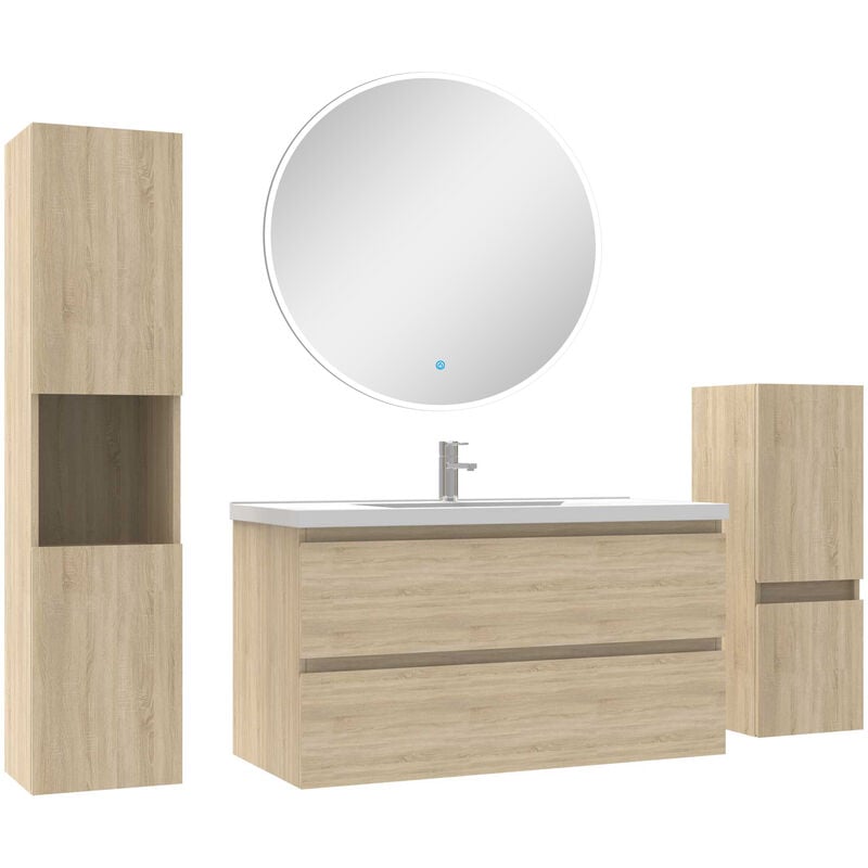 Ensemble meubles Salle de Bain 100cm simple vasque + colonne + miroir rond mural Chêne Wotan