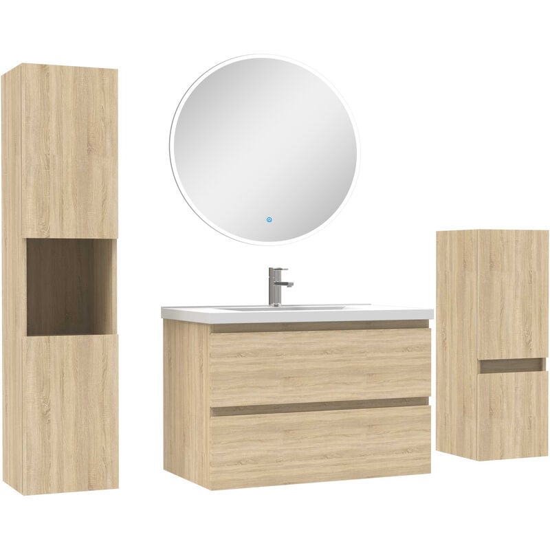Acezanble - Ensemble meubles Salle de Bain 80cm simple vasque + colonne + miroir rond mural Chêne Wotan