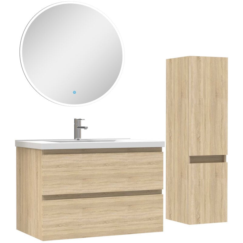 Ensemble meubles Salle de Bain 80cm vasque + colonne + miroir rond lumineux Chêne Wotan