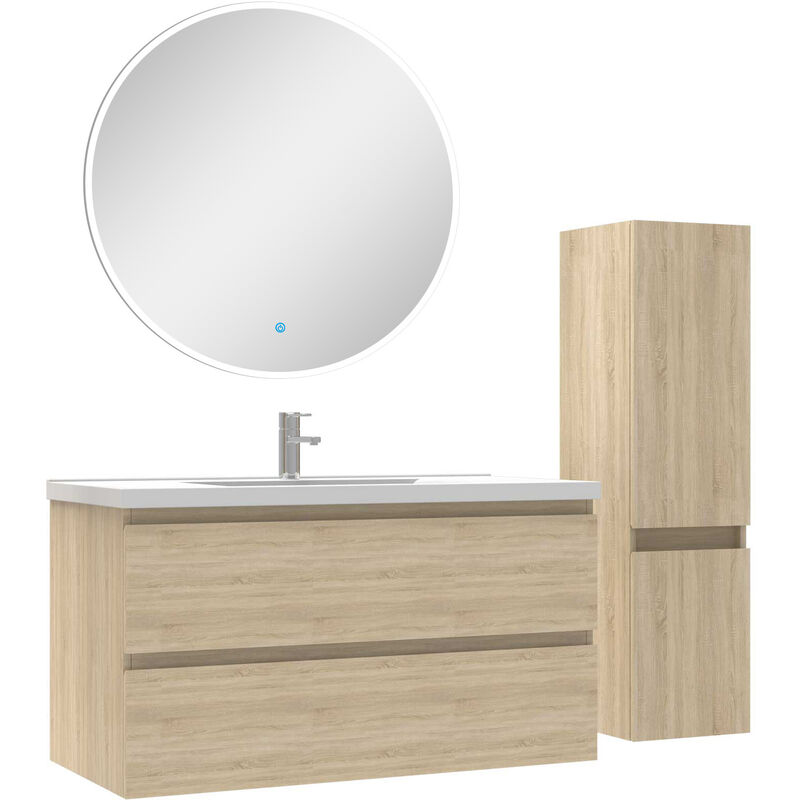 Ensemble meubles Salle de Bain 100cm vasque + colonne + miroir rond lumineux Chêne Wotan