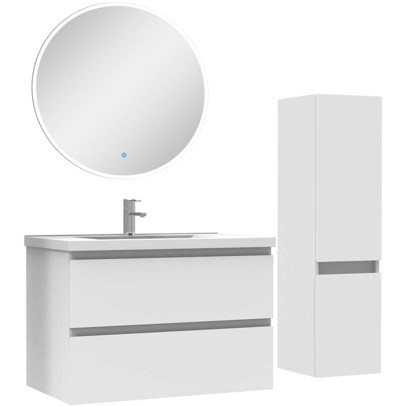 Ensemble meubles Salle de Bain 80cm vasque + colonne + miroir rond lumineux Blanc