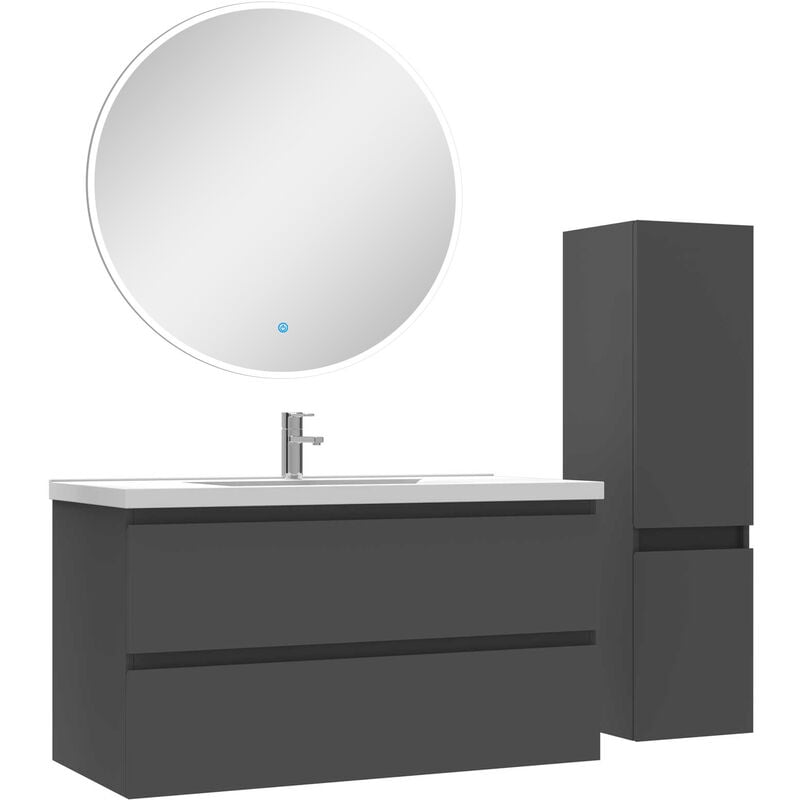 Ensemble meubles Salle de Bain 100cm vasque + colonne + miroir rond lumineux Anthracite