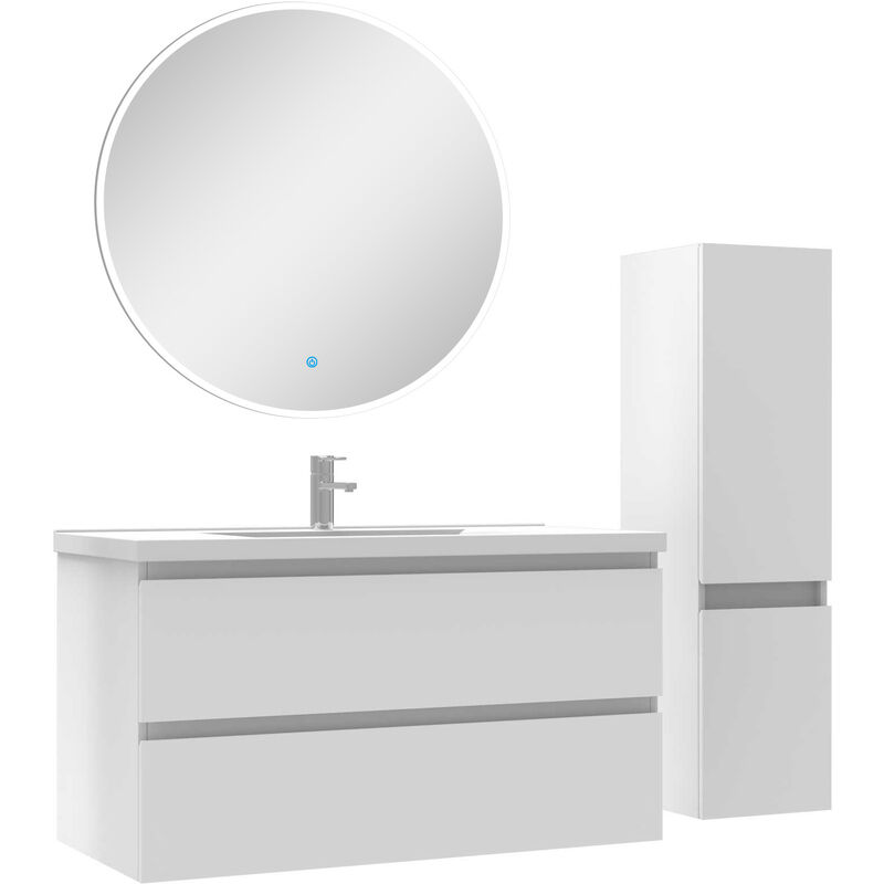 Ensemble meubles Salle de Bain 100cm vasque + colonne + miroir rond lumineux Blanc