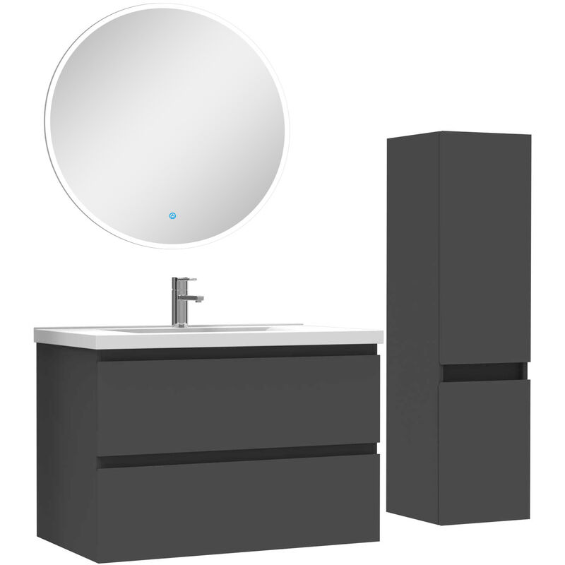 Ensemble meubles Salle de Bain 80cm vasque + colonne + miroir rond lumineux Anthracite