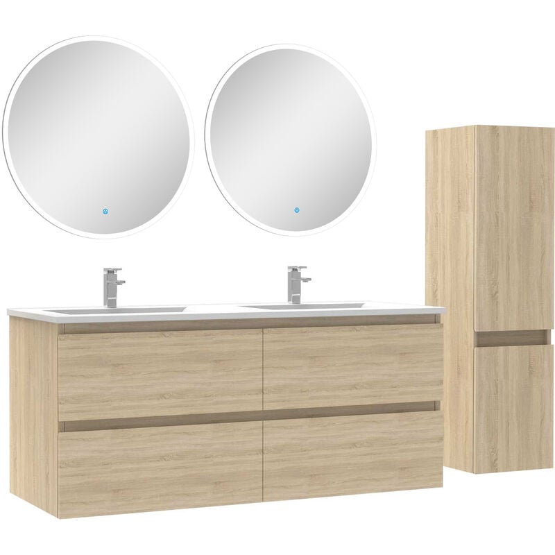 Ensemble meubles Salle de Bain 120cm vasque + colonne + miroir rond lumineux Chêne Wotan
