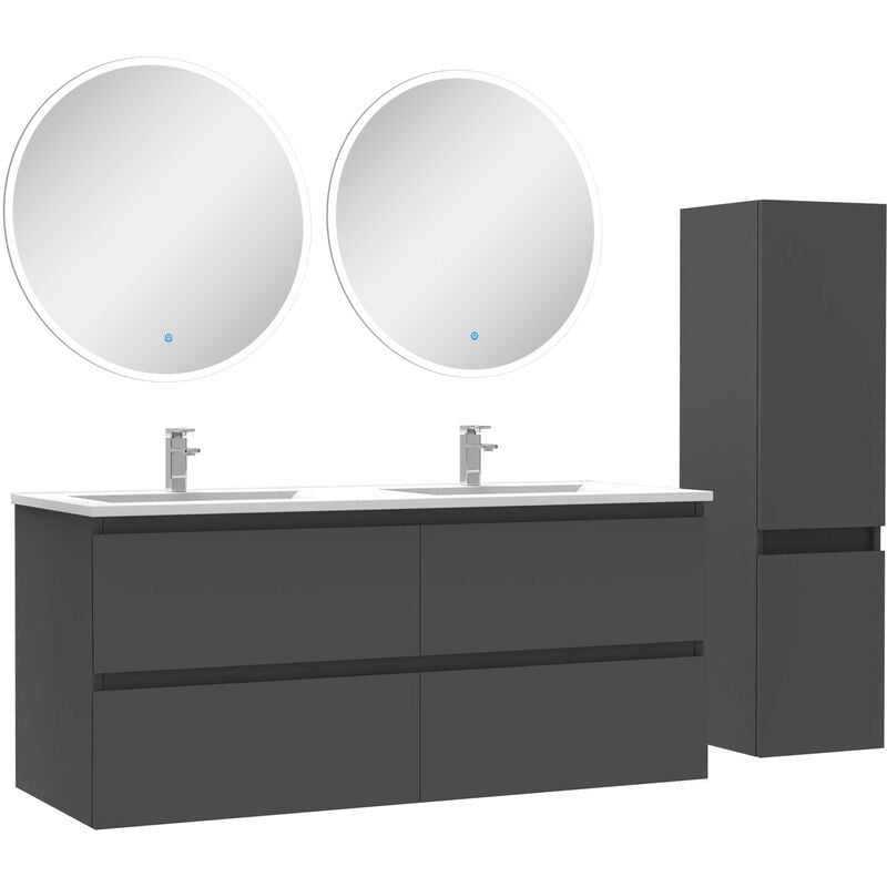 Ensemble meubles Salle de Bain 120cm vasque + colonne + miroir rond lumineux Anthracite