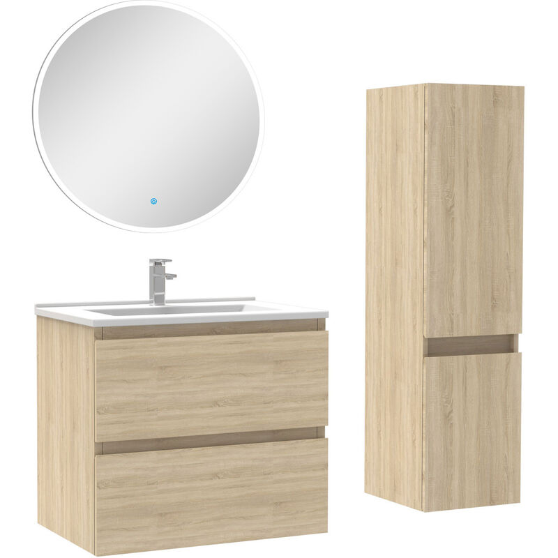 Ensemble meubles Salle de Bain 60cm vasque + colonne + miroir rond lumineux Chêne Wotan